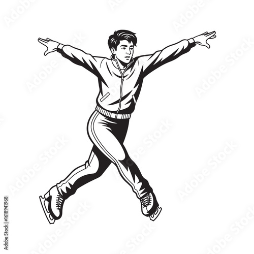 Male figure skater performing a graceful jump on the ice rink
