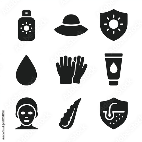 Skin Protection Icons. Solid, filled icons set of skin and protection: sunscreen bottle, sun hat, UV shield,