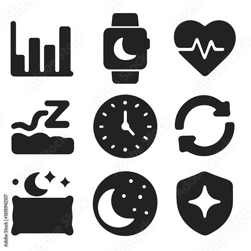 Sleep Monitoring Icons. Solid, filled icons set of sleep tracking and monitoring: sleep graph, smartwatch,