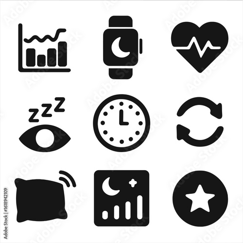 Sleep Monitoring Icons. Solid, filled icons set of sleep tracking and monitoring: sleep graph, smartwatch,
