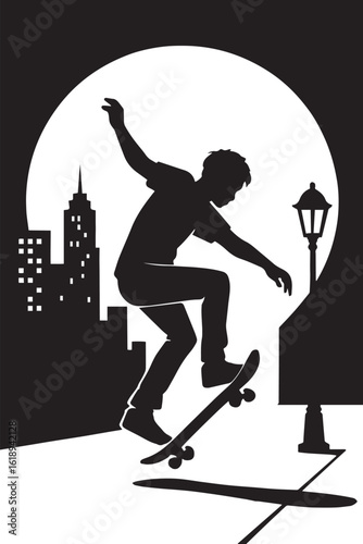 Skateboarder performing trick against cityscape and moon skateboarding urban