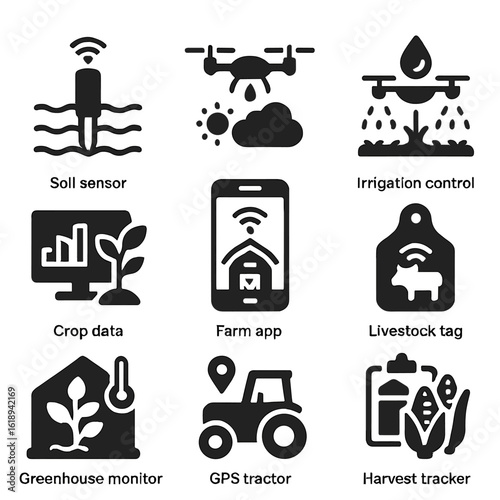 Smart Agriculture Icons. Solid, filled icons set of smart agriculture: soil sensor, weather drone, irrigation