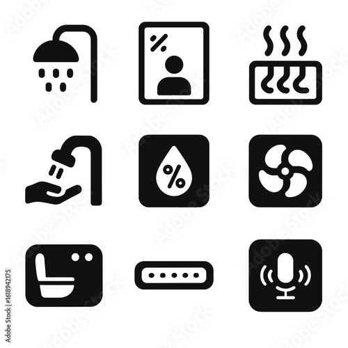 Smart Bathroom Tech Icons. Solid, filled icons set of smart bathroom tech: water-saving showerhead, mirror
