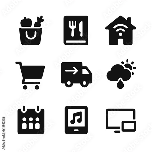 Smart Fridge Icons. Solid, filled icon set of smart fridge connected services: grocery app, recipe app, smart home hub, online