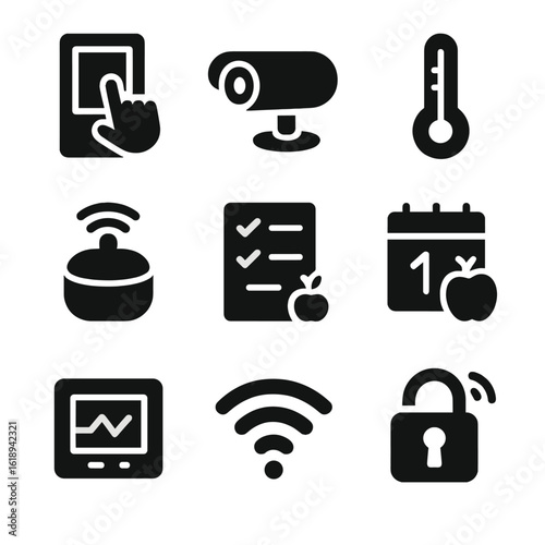 Smart Fridge Icons. Solid, filled icon set of smart fridge features: touchscreen panel, interior camera, temperature control,