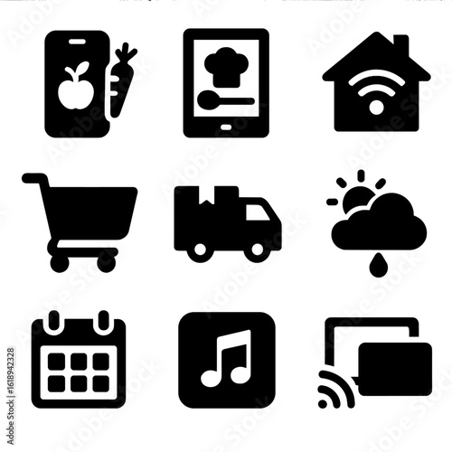Smart Fridge Icons. Solid, filled icon set of smart fridge connected services: grocery app, recipe app, smart home hub, online