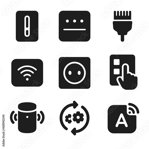 Smart Home Icon Set. Solid, filled icons set of smart home wiring features: smart switch, control hub,