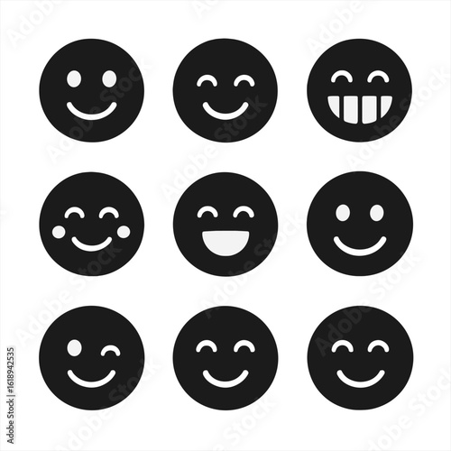 Smiling Emoji Grid. Solid, filled icons set of smiling: happy face, closed-eye smile, toothy grin, blushing