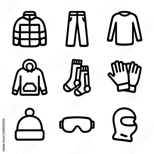 Snowboarding Gear Icons. Solid, filled icon set of snowboarding apparel: insulated jacket, snow pants, thermal base layer, fleece