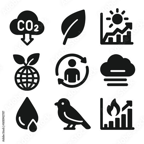 Solar Impact Icons. Solid, filled icons set of environmental impact of solar power: CO2 reduction icon, green
