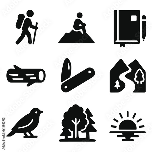 Solo Adventure Icons. Solid, filled icons set of solo adventures in natural landscapes: lone hiker, summit