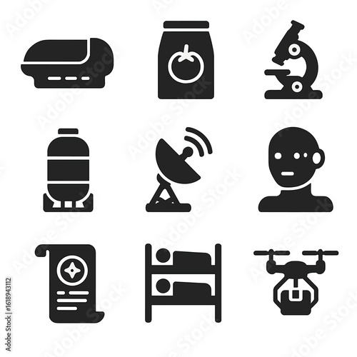 Space Travel Icons. Solid, filled icons set of space travel logistics for outer system: hibernation pod, food