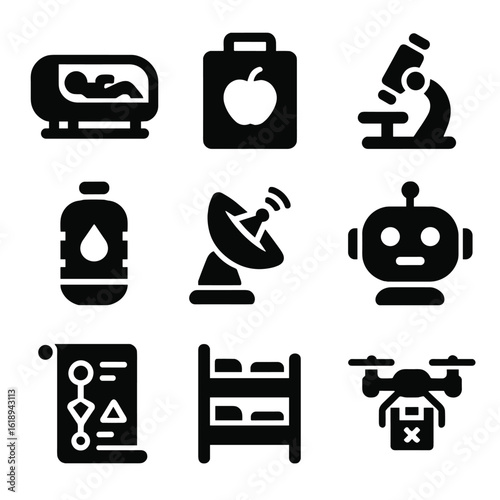 Space Travel Icons. Solid, filled icons set of space travel logistics for outer system: hibernation pod, food