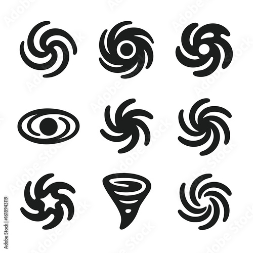Space Vortex Icon Set. Solid, filled icon set of vortex in space: spiral galaxy, black hole, nebula swirl, accretion disk, cosmic