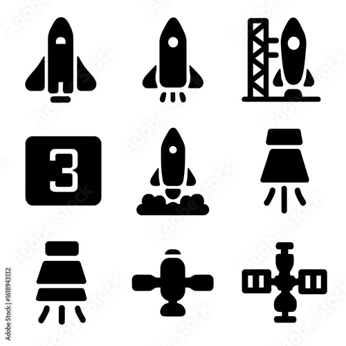 Spacecraft Launch Icons. Solid, filled icon set of spacecraft launch: spacecraft, rocket, launch pad, countdown timer, smoke trail