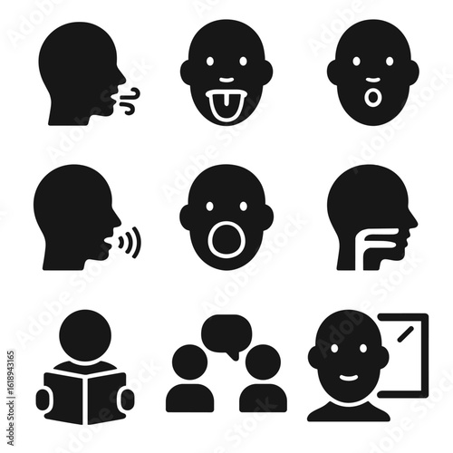 Speech Therapy Icons. Solid, filled icon set of speech therapy exercises: breathing exercise, tongue twister, lip exercises, vocal