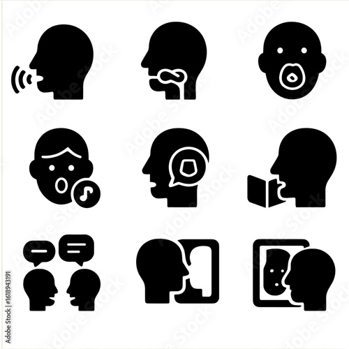 Speech Therapy Icons. Solid, filled icon set of speech therapy exercises: breathing exercise, tongue twister, lip exercises, vocal