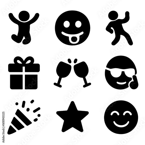 Spontaneous Fun Icons. Solid, filled icon set of spontaneous fun moments: jumping pose, silly face, dance moves, spontaneous gift,