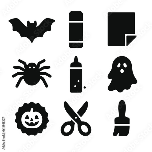 Spooky Craft Icons. Solid, filled icons set of spooky craft time: paper bat, glue stick, orange construction