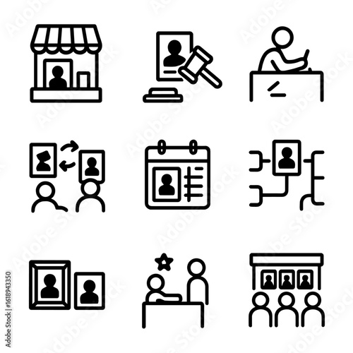 Sports Card Icons. Solid, filled icon set of sports trading card events: card show, auction, signing event, trade meet, release