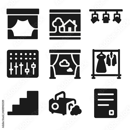 Stage Performance Icons. Solid, filled icons set of stage performance elements: proscenium arch, set design