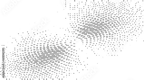 Abstract Black Halftone Dot Pattern with Two Diagonal Dispersed Clusters and Varying Density on White Background