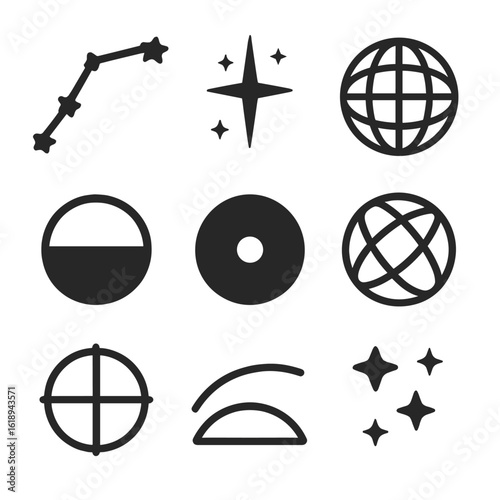 Star Map Icons. Solid, filled icon set of star map elements: constellation lines, north star, equator grid, celestial poles,