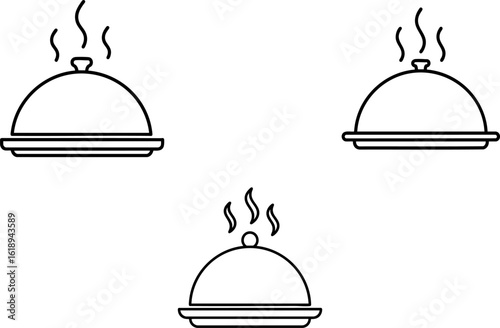 Hot Food Cloche Icons, Restaurant Serving Dome Vector, Steam Food Cover Icons, Meal Tray Cloche Symbols, Catering Service Food Icons, Kitchen Dish Cover Vector, Flat Food Dome Illustrations.