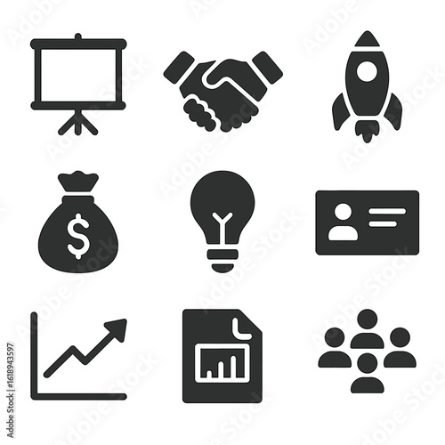 Startup Icons Grid. Solid, filled icons set of startup pitch elements: presentation screen, investor handshake