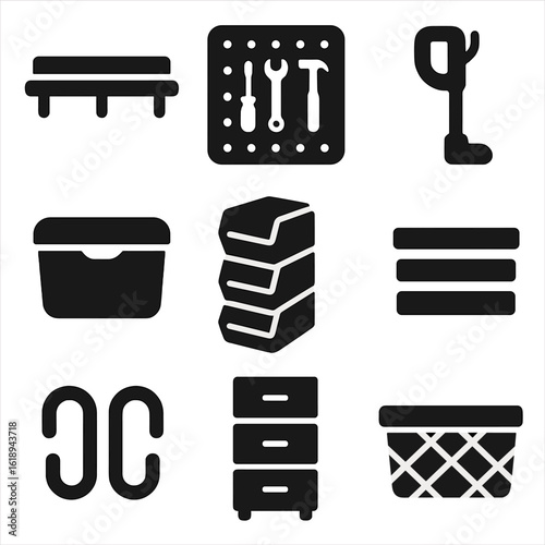 Storage Icon Set. Solid, filled icon set of storage and organization: wall mount rack, tool pegboard, vacuum holder, accessory box