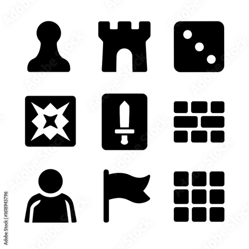 Strategic Game Icons. Solid, filled icons set of offense vs defense in strategy games: move token, base
