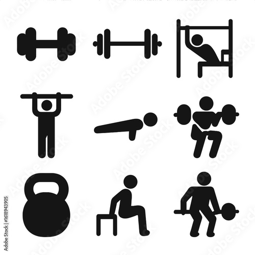 Strength Training Icons. Solid, filled icon set of strength training: dumbbell, barbell, bench press, pull-up, push-up, squat,