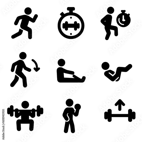 Strength Training Icons. Solid, filled icon set of strength training routines: warm-up, circuit training, interval training,