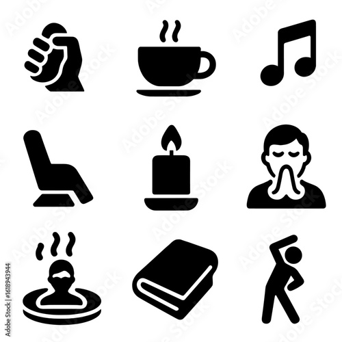 Stress Relief Icons. Solid, filled icon set of stress relief: stress ball, tea cup, soft music, massage chair, candle, deep breath