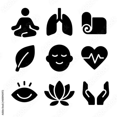 Stress Relief Icons. Solid, filled icon set of stress relief attempts: meditation pose, breathing lungs, yoga mat, calm face,