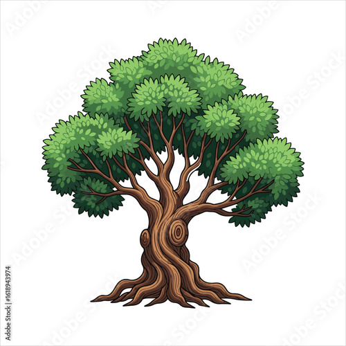 Magnificent Ancient Oak Tree with Lush Green Canopy and Gnarled Roots