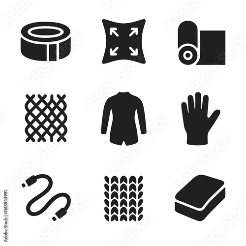 Stretch Materials Icons. Solid, filled icon set of stretch materials: elastic band, spandex fabric, rubber sheet, mesh textile,
