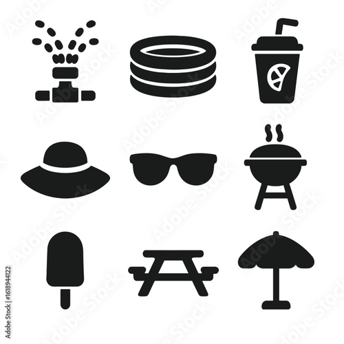 Summer Backyard Icons. Solid, filled icons set of summer backyard fun: water sprinkler, inflatable pool,