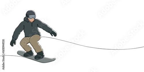 Continuous line colored drawing of a snowboarder riding downhill in winter gear. Minimalist linear illustration. Snowboarding, winter sport, and Olympic games concept.