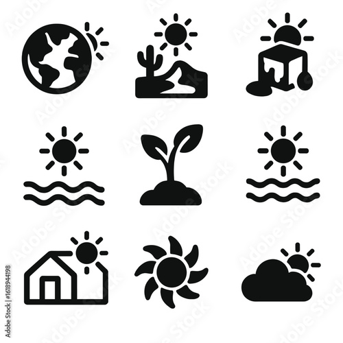 Sunlight Environment Icons. Solid, filled icon set of sunlight and environment: earth with sun, desert sun, melting ice, solar