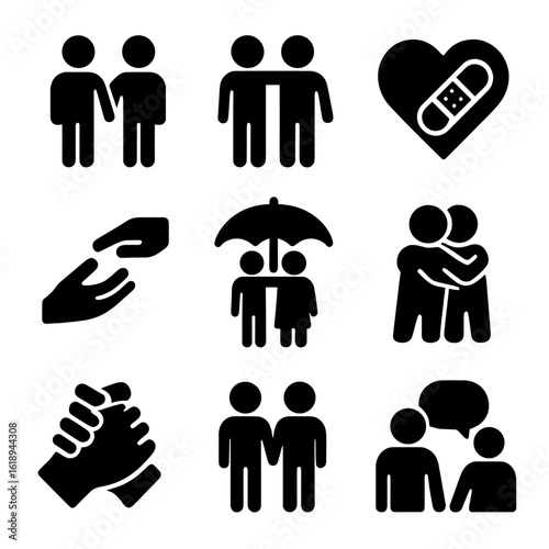 Supportive Icon Grid. Solid, filled icon set of a couple supporting each other during a challenging time: holding hands, shoulder