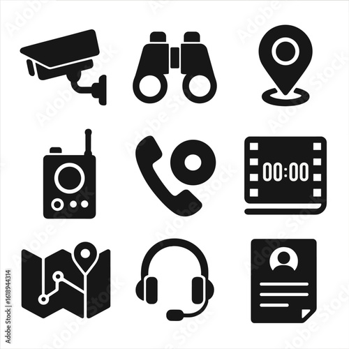 Surveillance Icon Set. Solid, filled icons set of surveillance and monitoring operations: security camera,