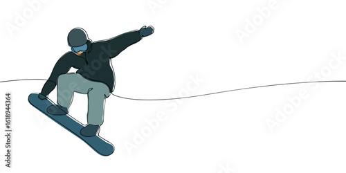 One line colored drawing of a snowboarder performing a jump in winter gear. Minimalist continuous line illustration. Snowboarding, freestyle, and Olympic games concept.