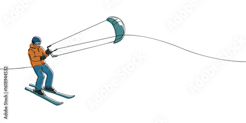 Snowkiter gliding on skis with kite in the air, drawn in continuous line style with color fill. Minimalist winter sport illustration. Extreme skiing and Olympic snowkiting concept.