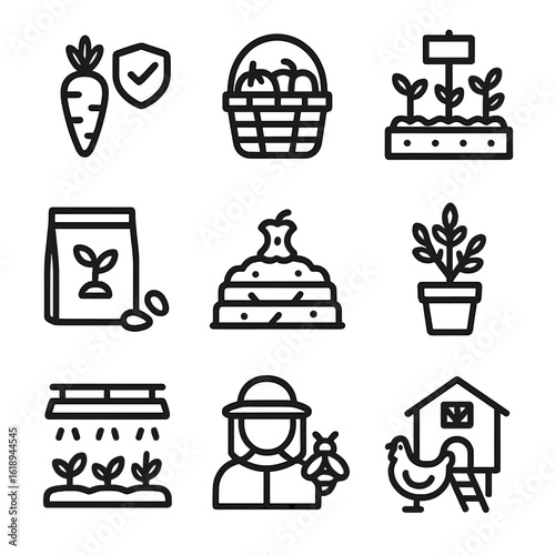 Sustainable Food Icon Set. Solid, filled icon set of sustainable food practices: organic vegetable, farmer market basket,