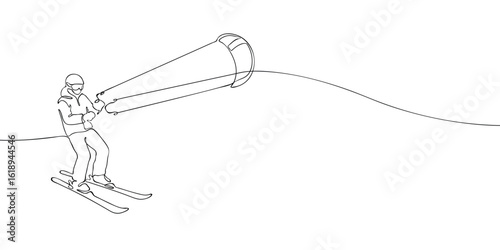 One line drawing of a snowkiting athlete skiing with a traction kite. Minimalist linear illustration. Winter sport and Olympic games concept.