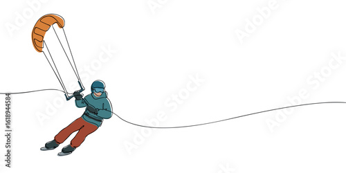 Snowkiter gliding on ice skates with orange kite wing drawn in continuous line and color fill. Minimalist vector illustration on white background. Winter extreme sports concept for design and print.