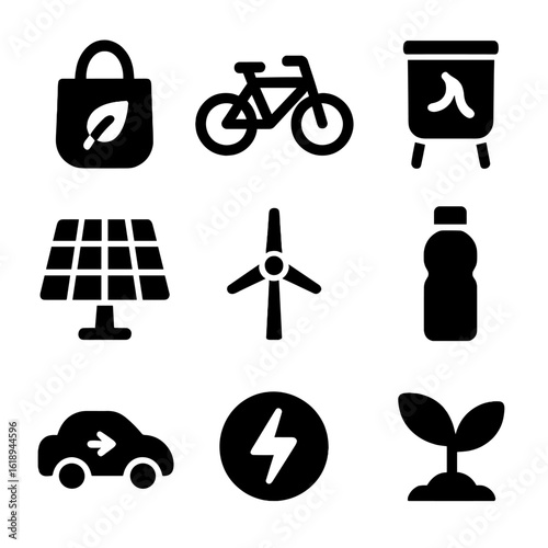 Sustainable Lifestyle Icons. Solid, filled icon set of sustainable lifestyle icons: reusable bag, bicycle, compost bin, solar