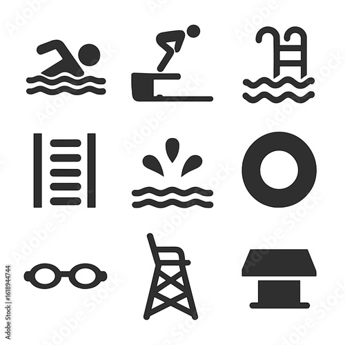 Swimming Icon Set. Solid, filled icon set of swimming in a pool: swimmer icon, diving board, swim lane, pool ladder, water splash,