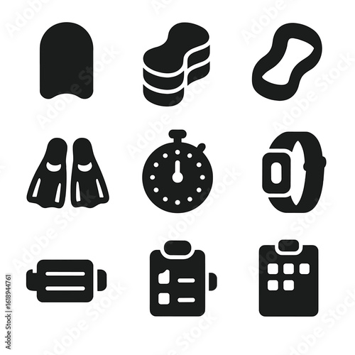 Swimming Fitness Icons. Solid, filled icon set of swimming fitness tools: kickboard, pull buoy, resistance band, swim fins, lap